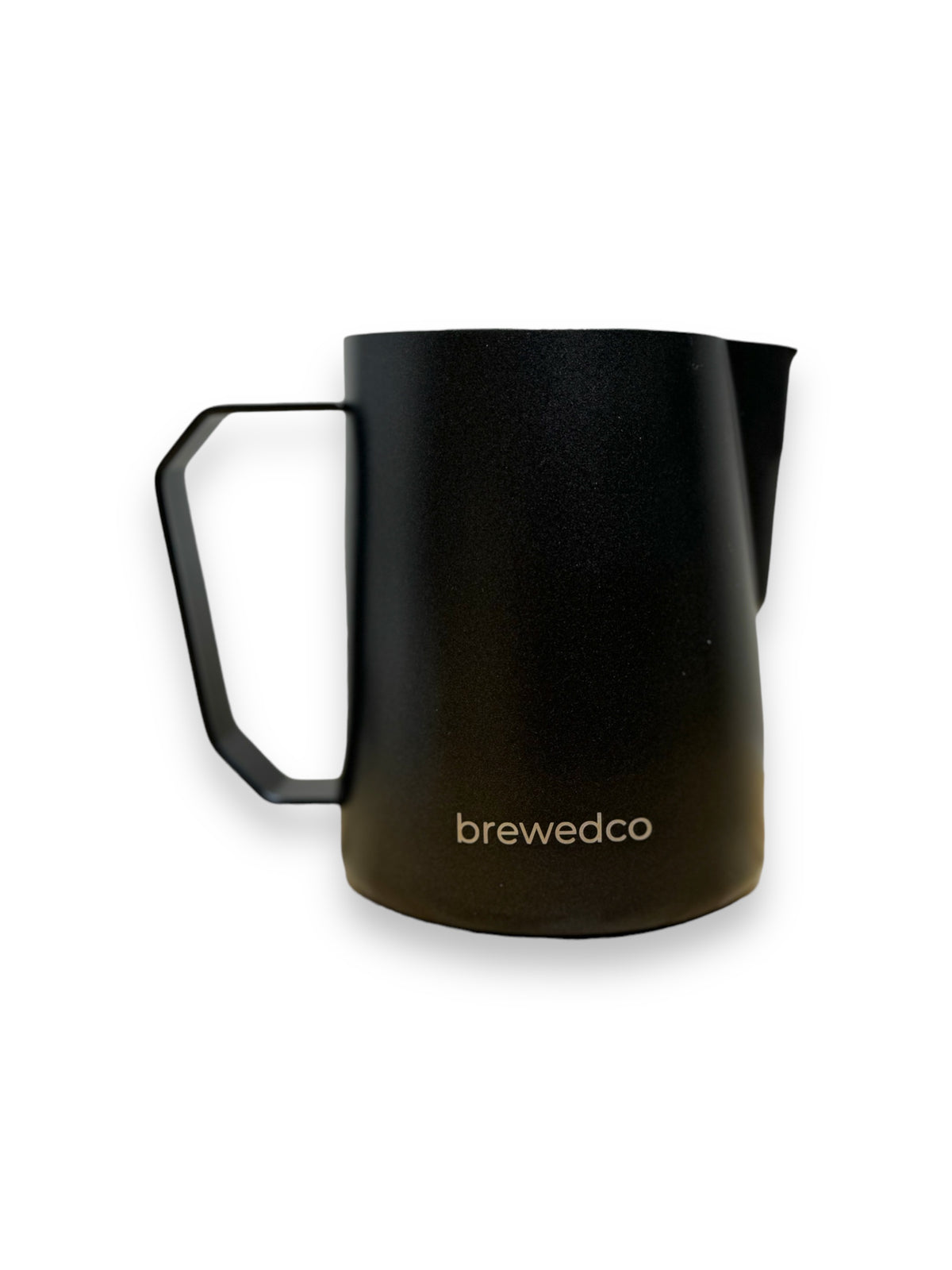Brewedco Milk Pitcher that incorporates a sharp spout for pouring latte art
